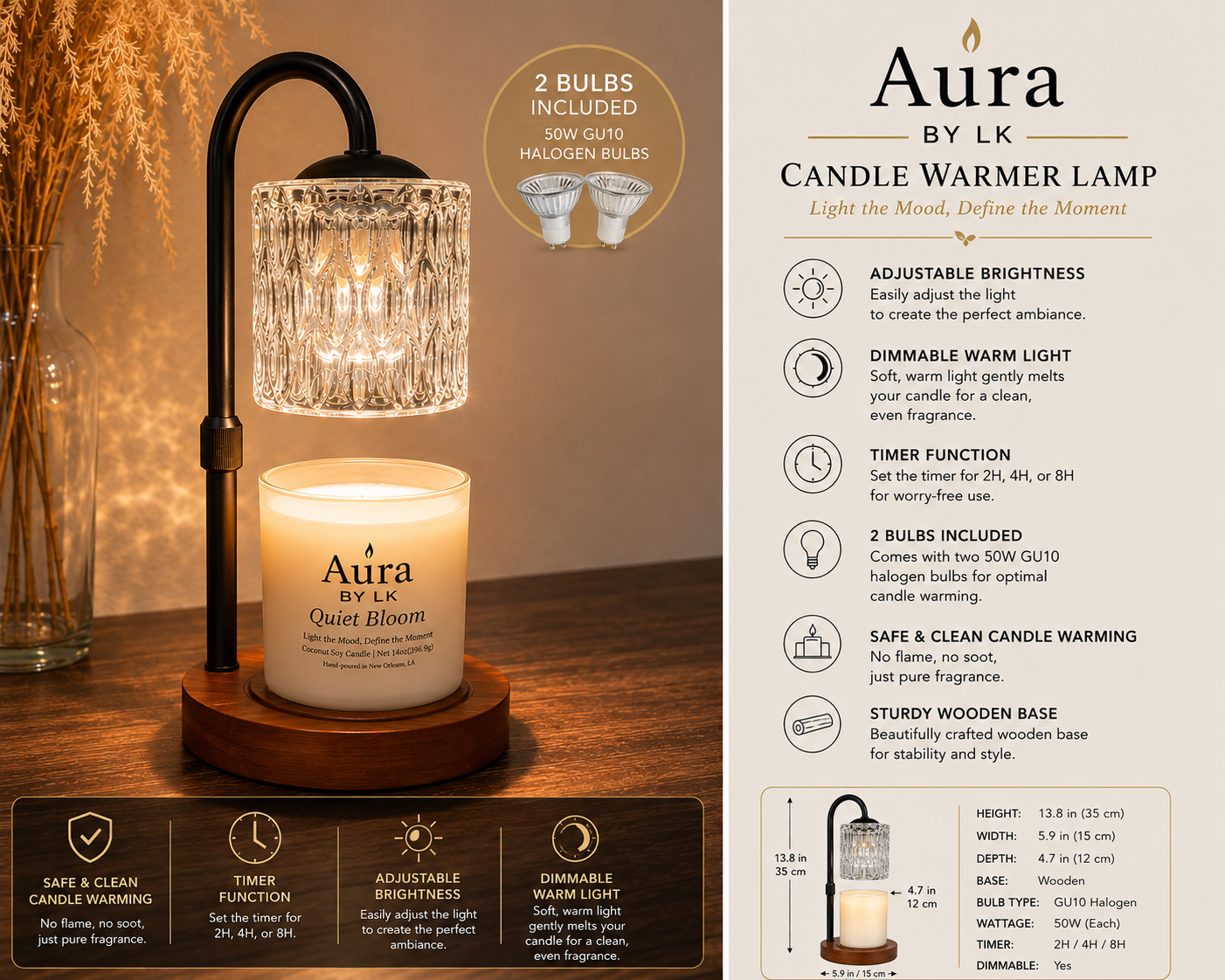 A product information sheet for the Aura Candle Warmer Lamp by BK. The left side shows the lamp lit on a wooden base, with a candle inside, a black curved arm, and a clear hanging shade with a printed floral pattern.