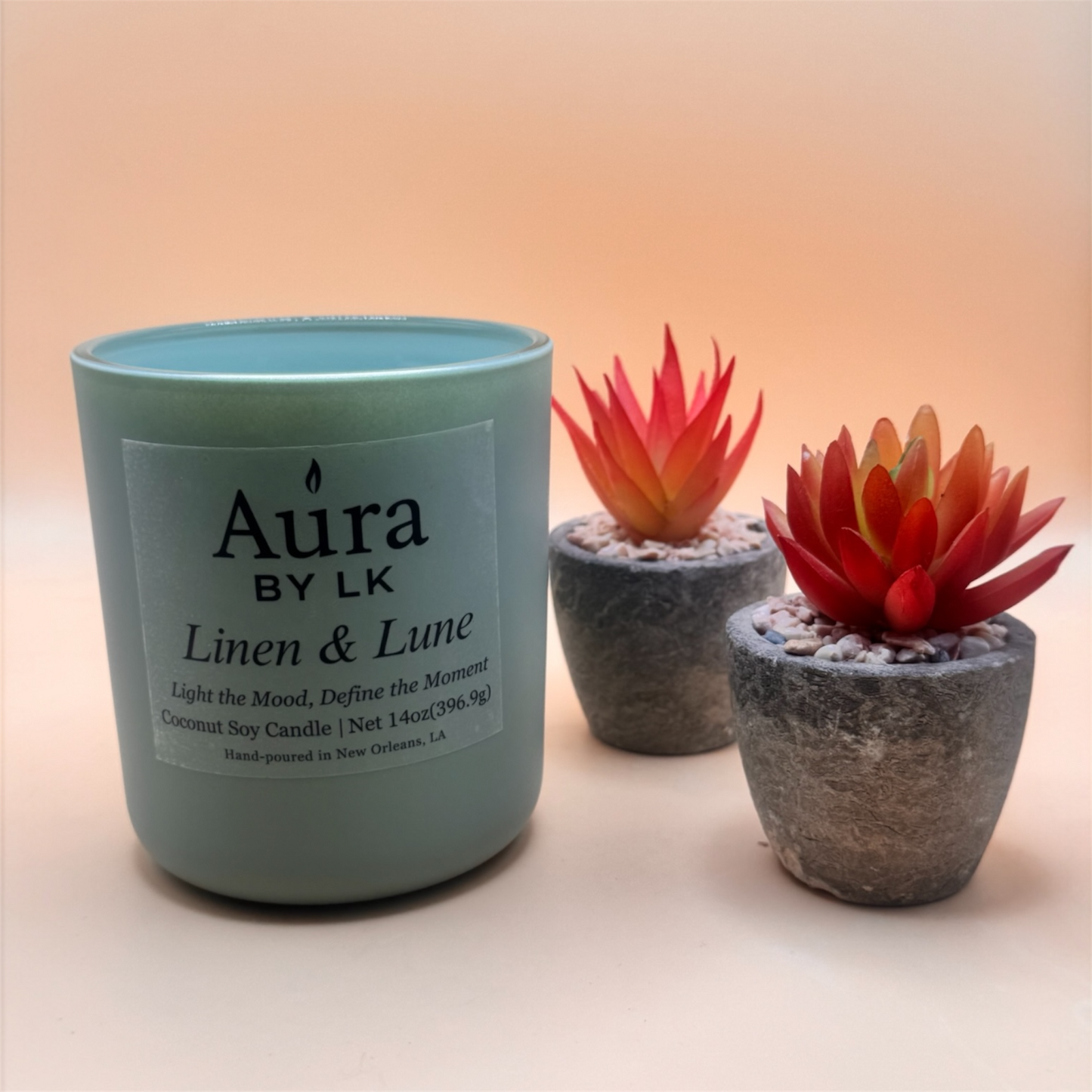 Aura by LK Linen & Lune candle in green jar