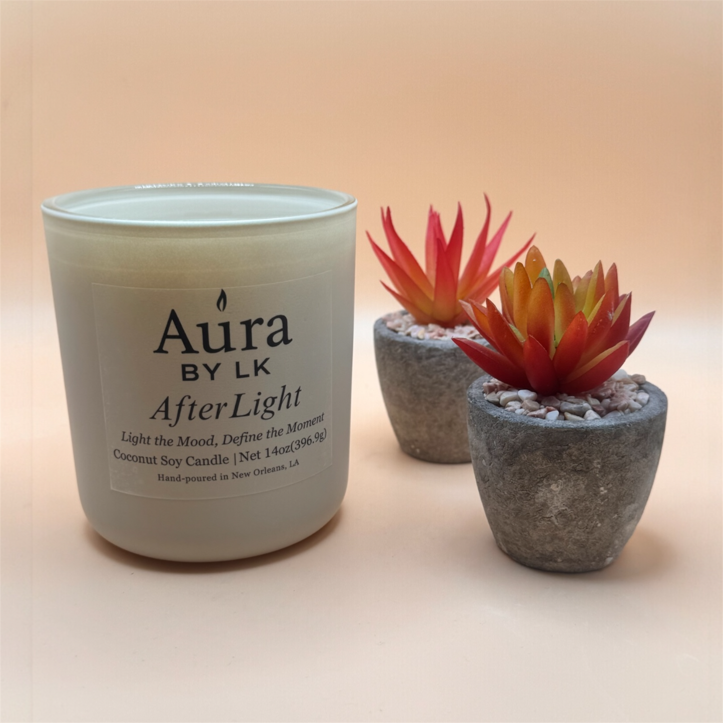 Aura by LK After Light Wood Wick candle in tan jar