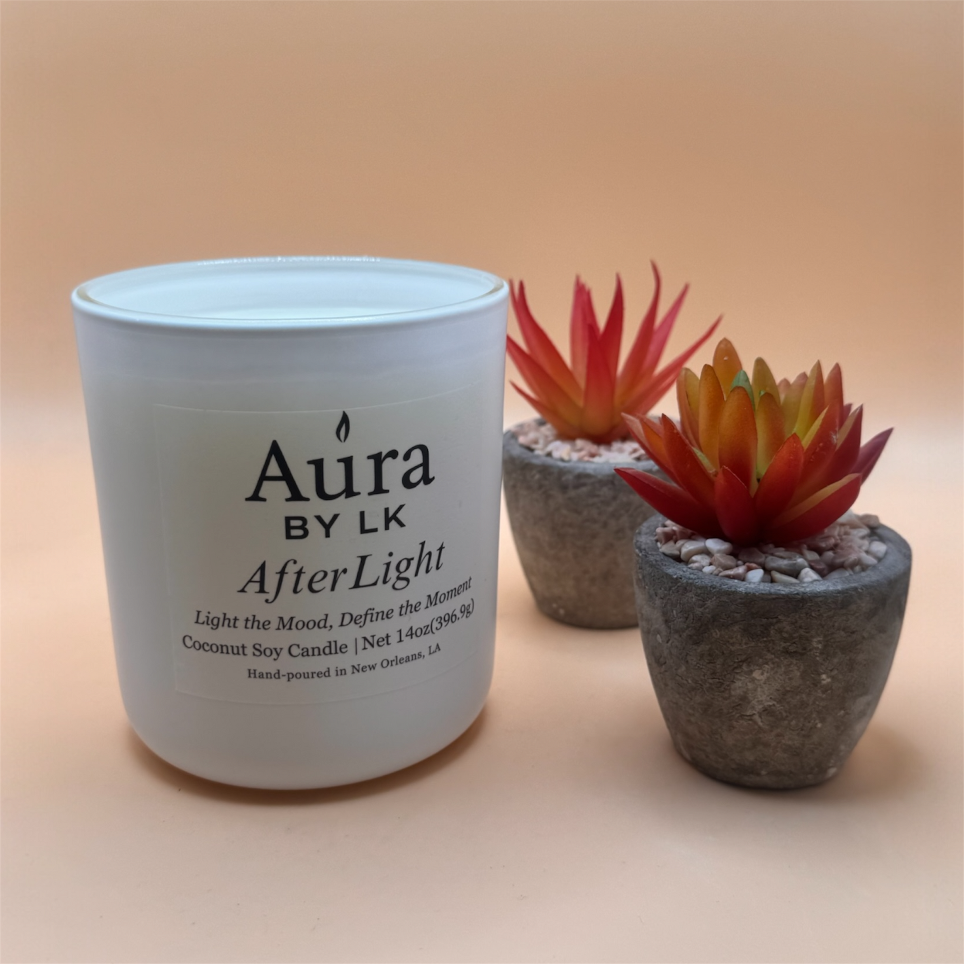 Aura by LK After Light Wood Wick candle in white jar