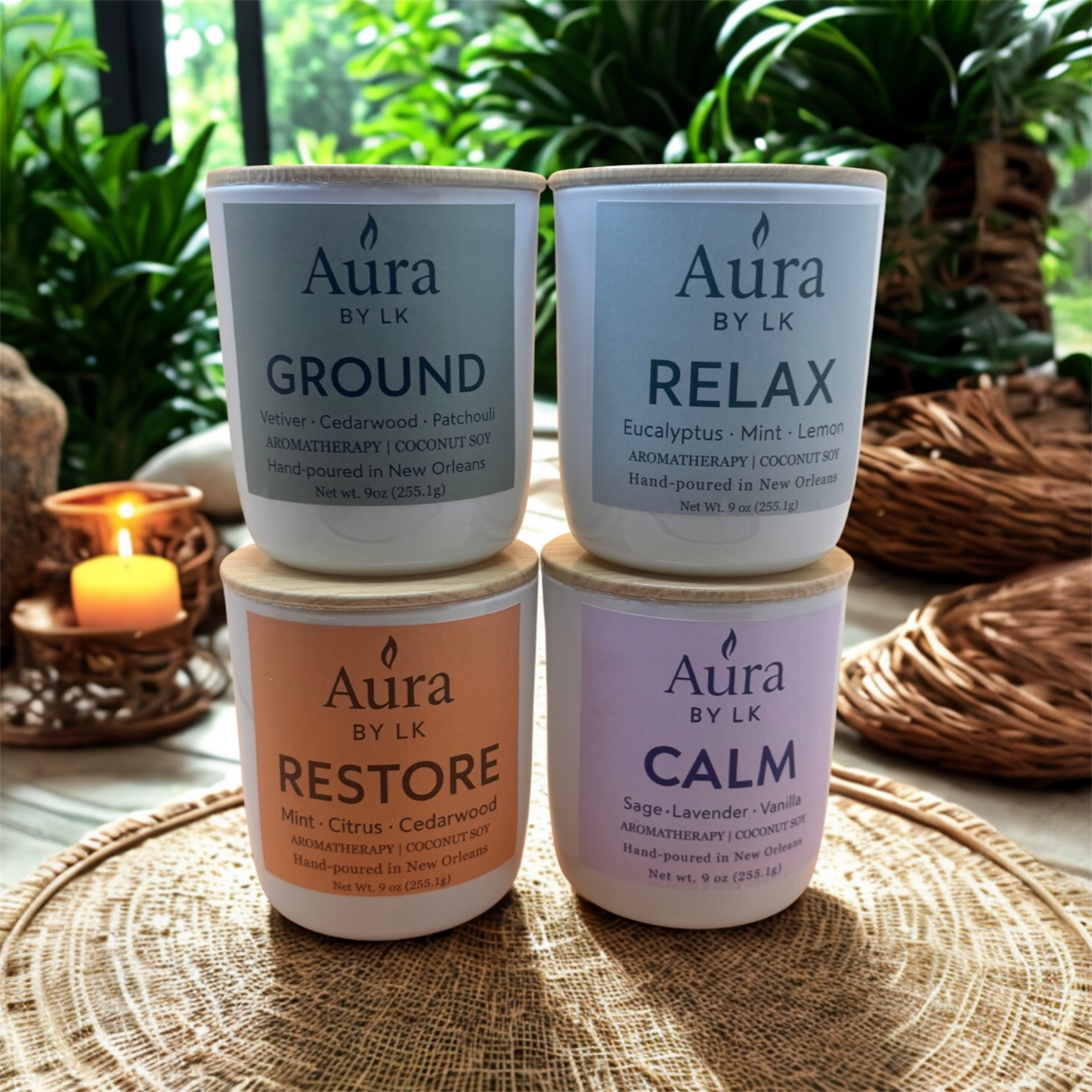 Aura by LK aromatherapy candle set  Ground, Relax, Restore, and Calm