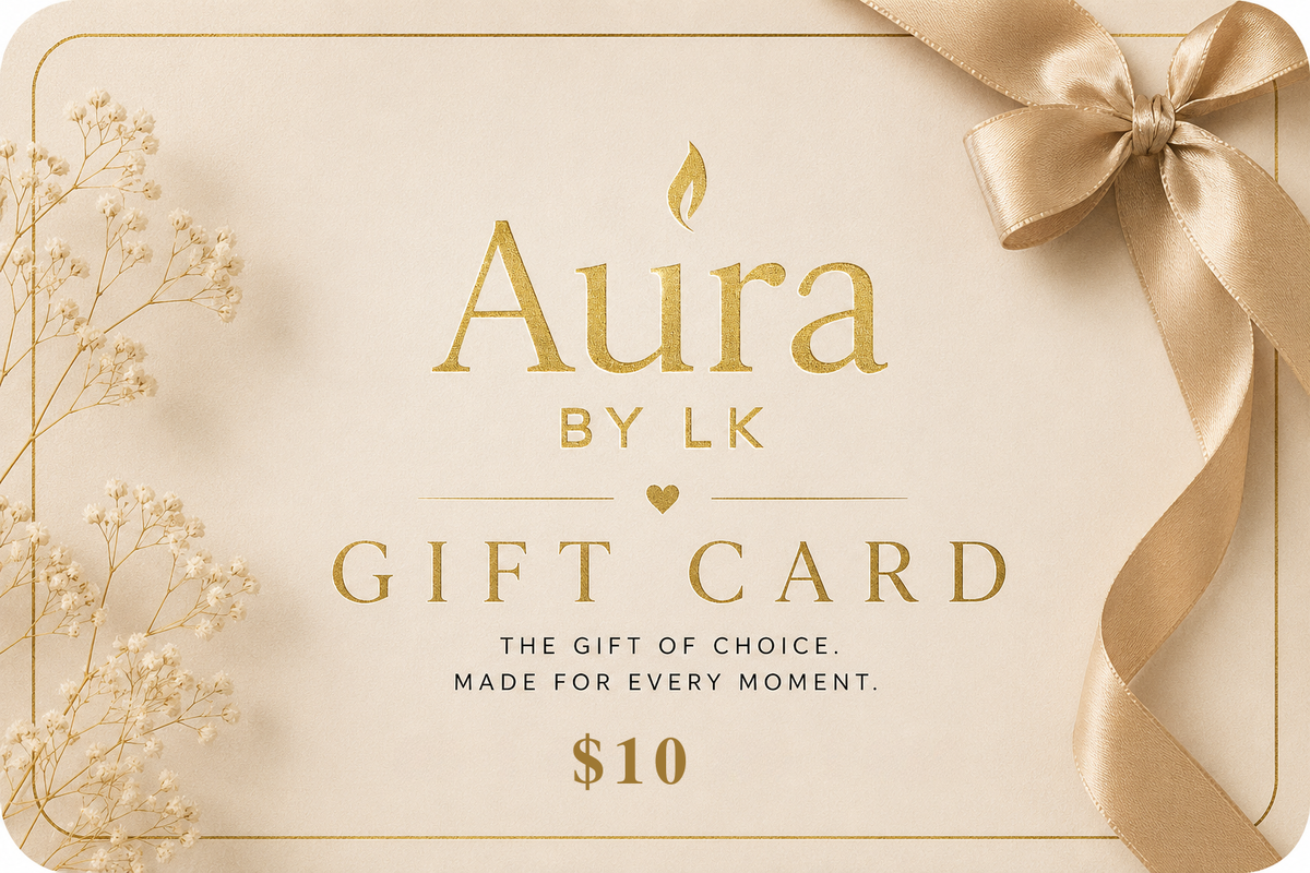 Aura by LK gift card $10 value with a gold bow and decorative elements on a beige background