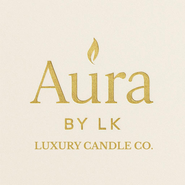 Aura By LK Luxury Candle Co. Logo in gold. 