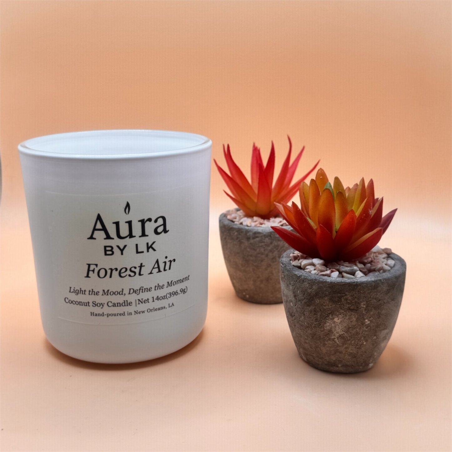 Aura by LK Forest Air Wood Wick candle in white jar