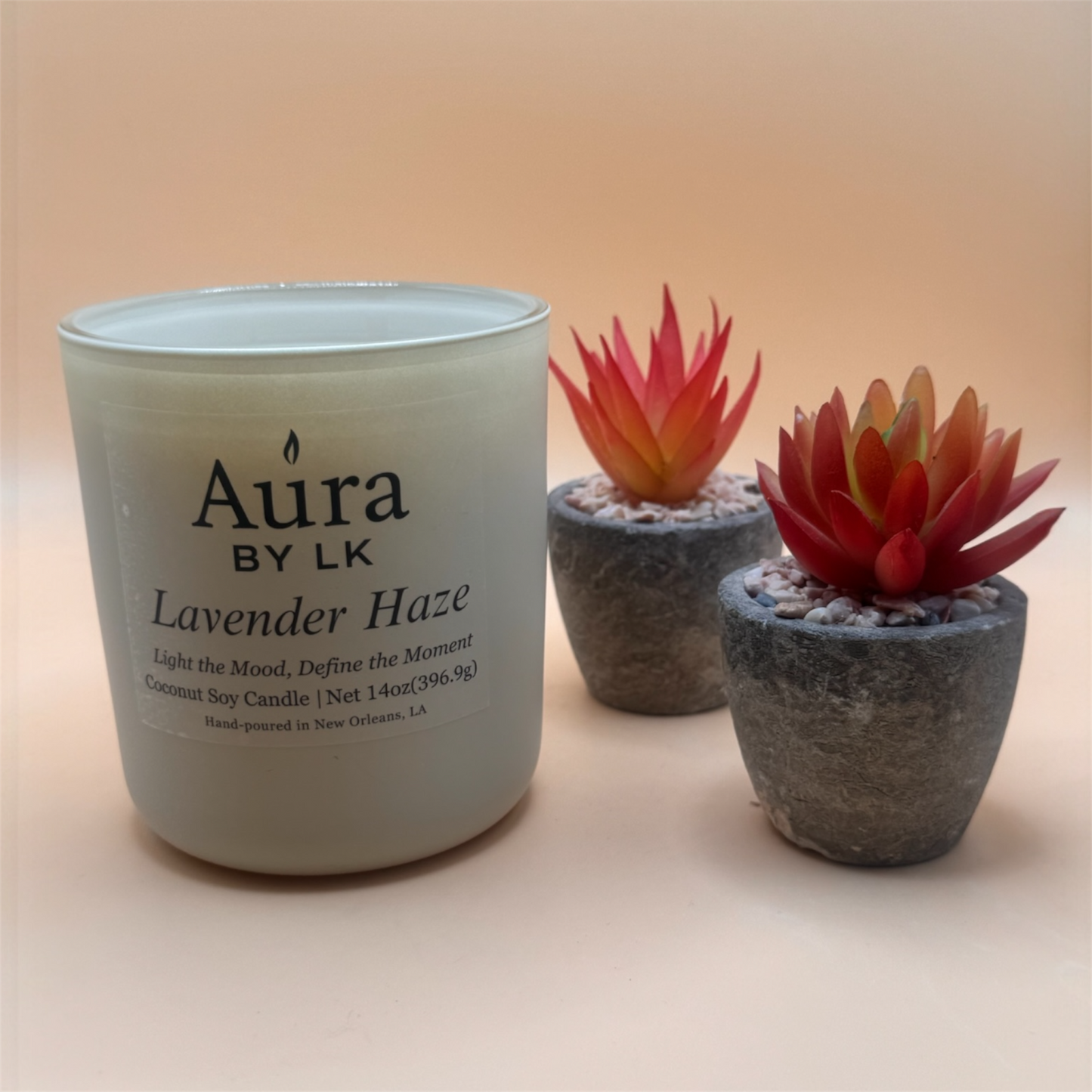 Aura by LK Lavender Haze candle in tan jar
