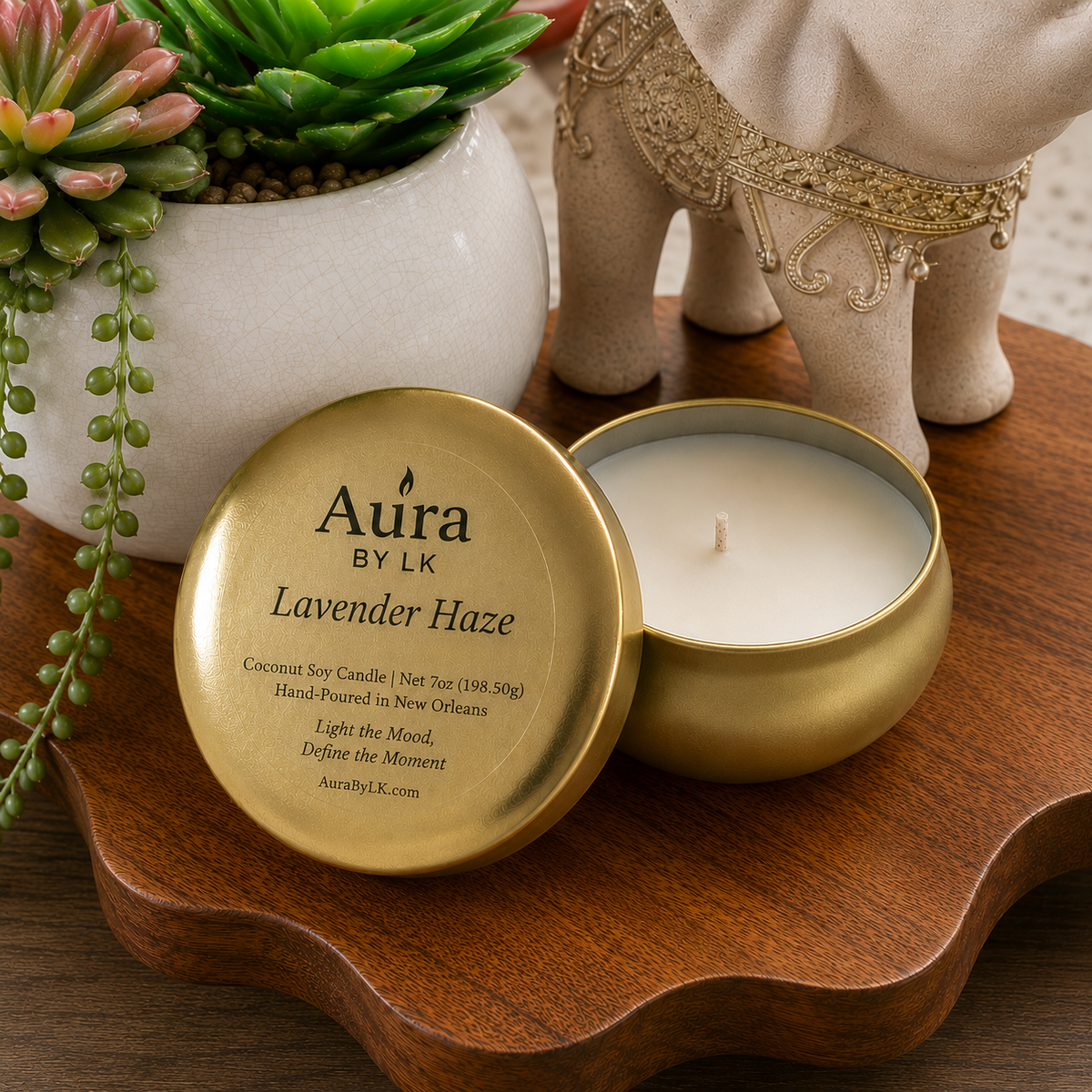 Aura BY LK Lavender Haze gold tin candle