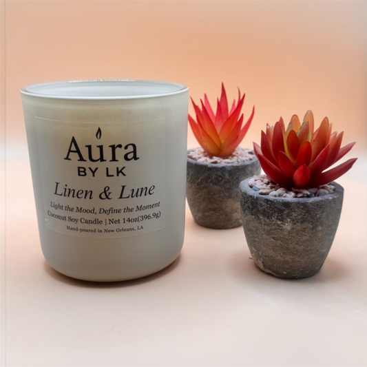 Aura by LK Linen & Lune candle in tan jar