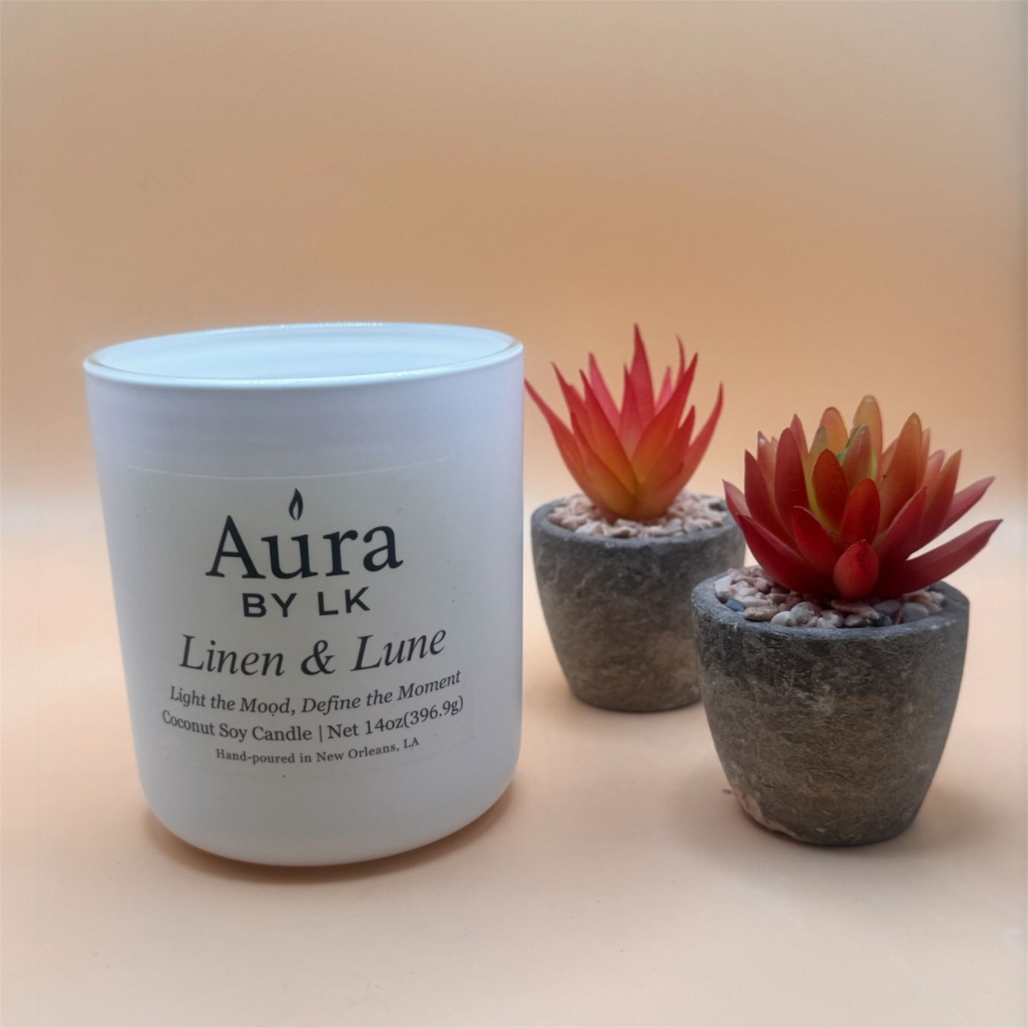 Aura by LK Linen & Lune candle in white jar