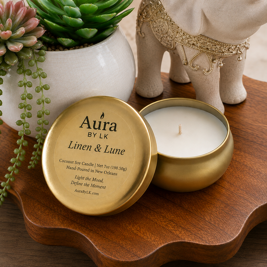 Aura BY LK Linen & Lune gold tin candle 