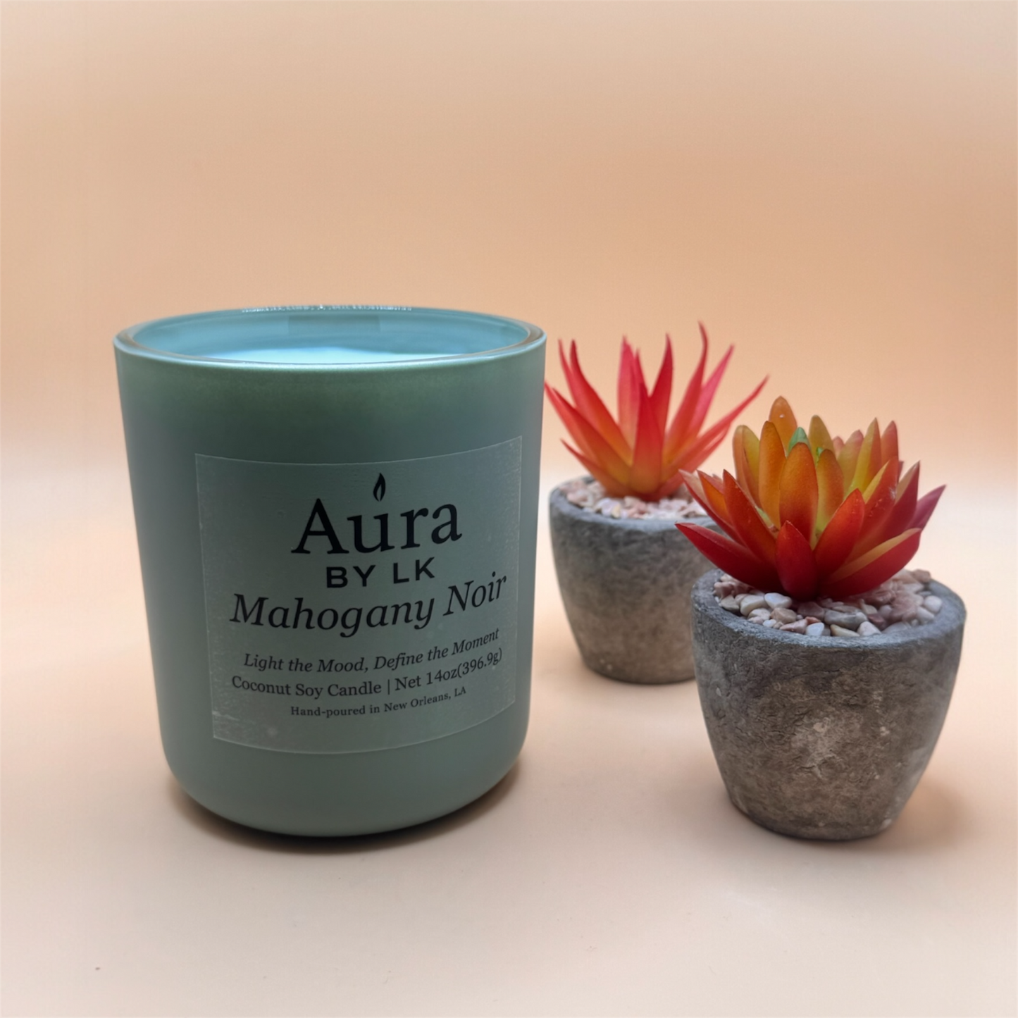 Aura by LK Mahogany Noir Wood Wick candle in Sage jar