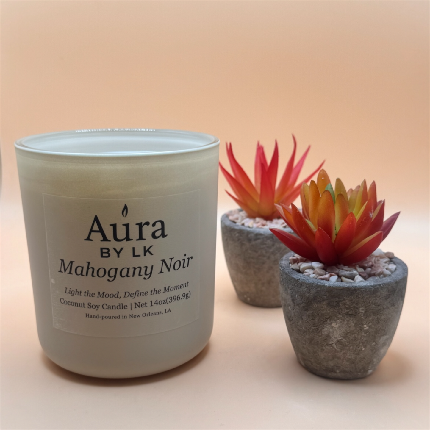 Aura by LK Mahogany Noir Wood Wick candle in tan jar