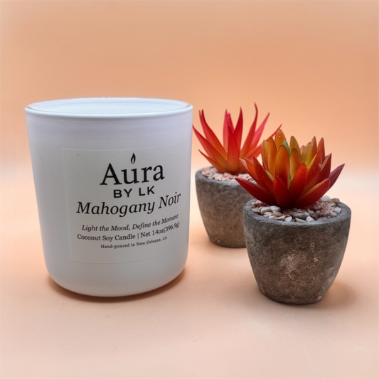 Aura by LK Mahogany Noir Wood Wick candle in white jar