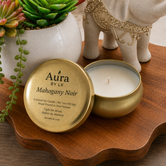 Aura BY LK Mahogany Noir gold tin candle