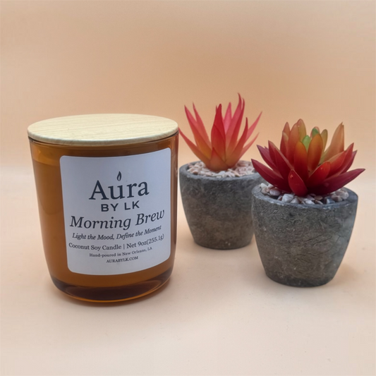 Aura BY LK Morning Brew candle in an amber glass jar