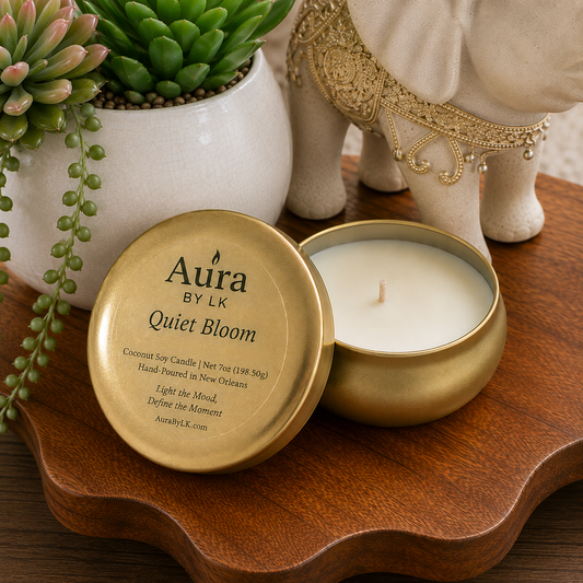 Aura BY LK Quiet Bloom gold tin candle 