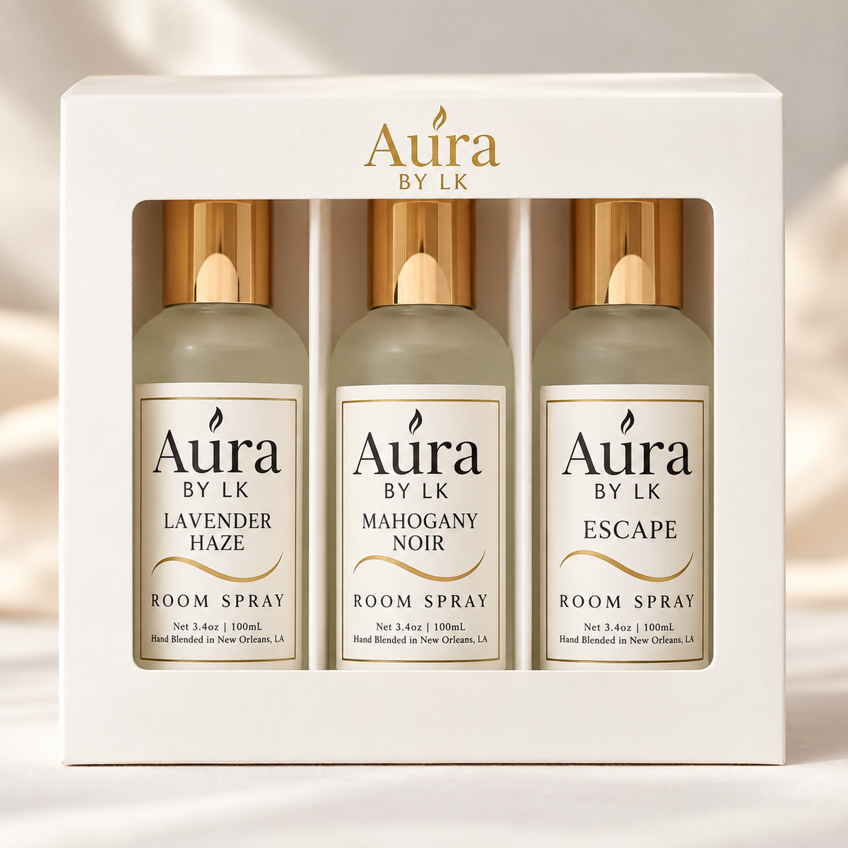 Boxed room and Linen Spray set with Lavender Haze, Mahogany Noir, and Escape
