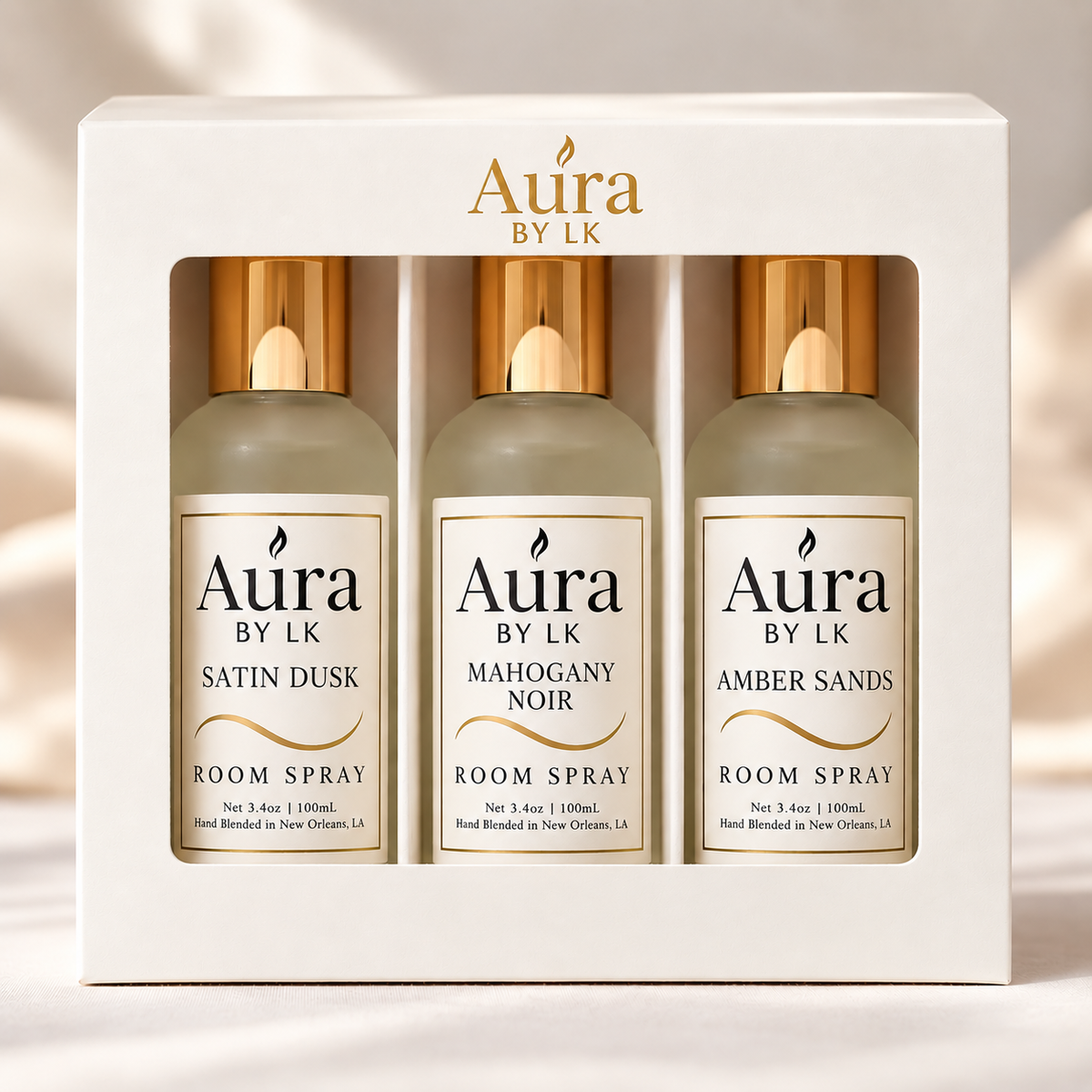 Boxed room and Linen Spray set with Mahogany Noir, Satin Dusk, and Amber Sands