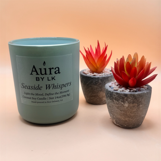 Aura by LK Seaside Whispers candle in sage jar