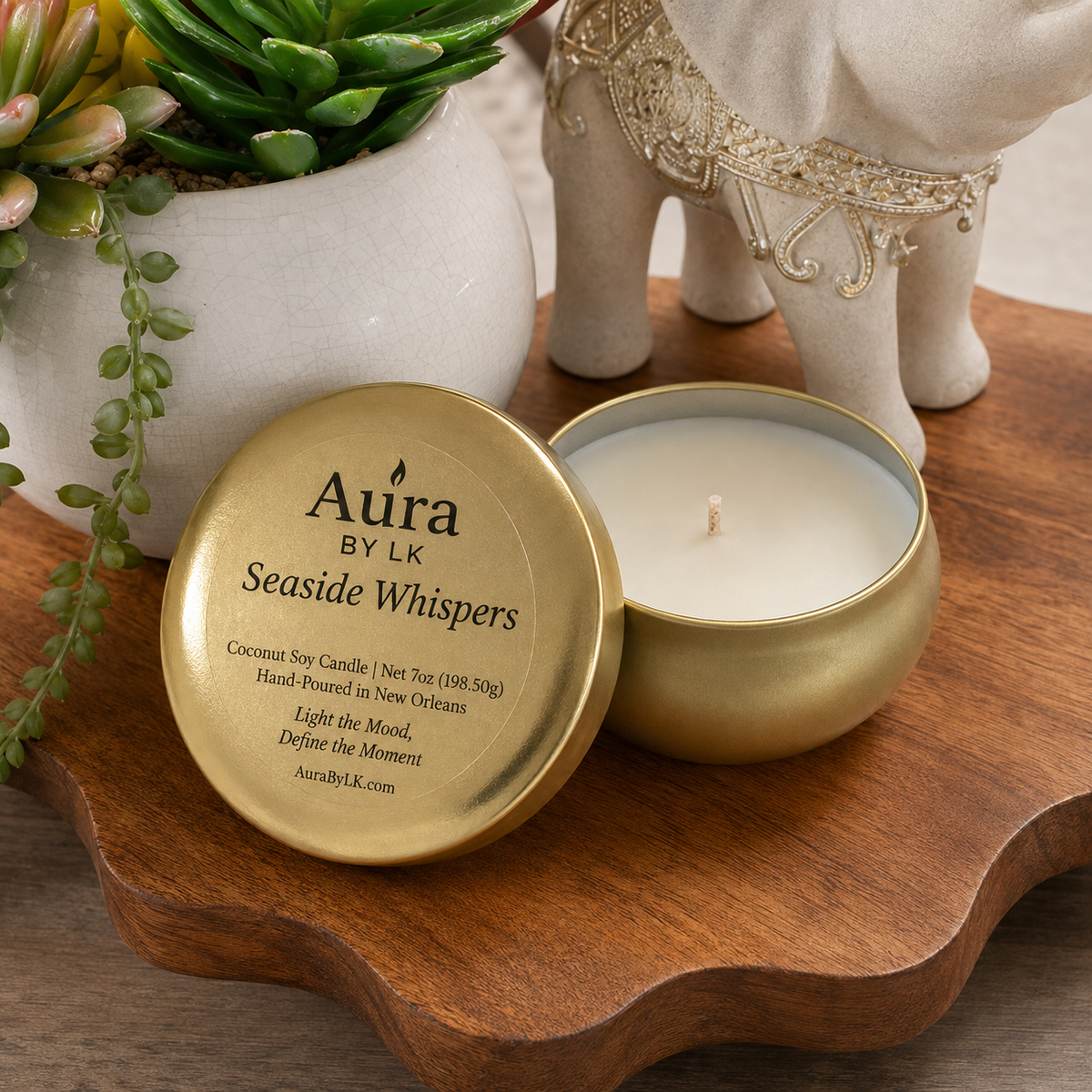 Aura BY LK Seaside Whispers gold tin candle