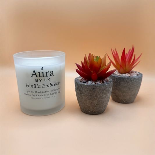 Aura BY LK Vanilla Embrace 10oz candle in  frosted glass jar 