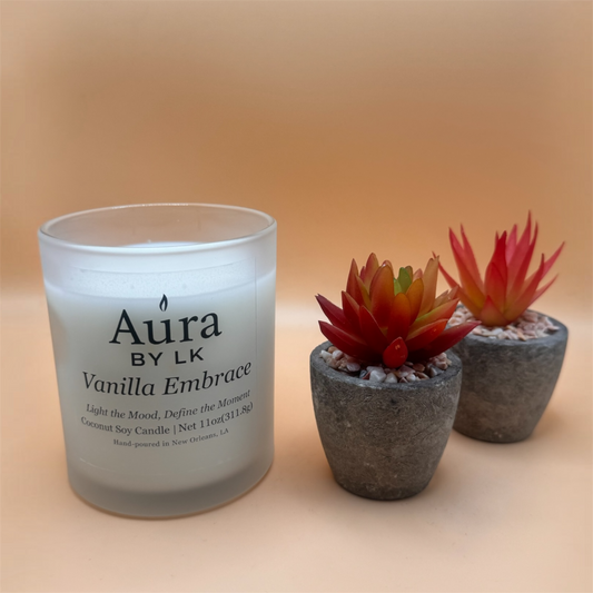 Aura BY LK Vanilla Embrace 12oz candle in  frosted glass jar 