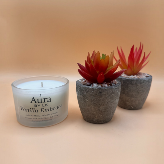 Aura BY LK Vanilla Embrace 4oz candle in  frosted glass jar 