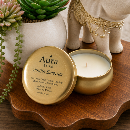 Aura BY LK Vanilla Embrace gold tin candle 