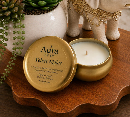 Aura BY LK Velvet Nights gold tin candle 