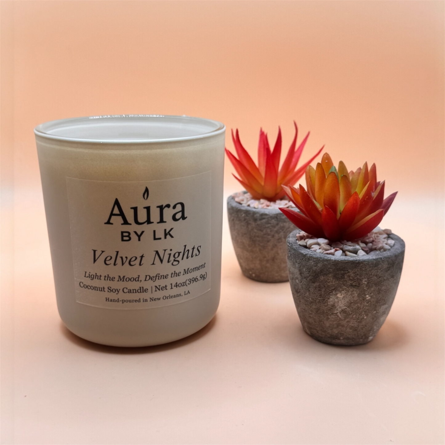 Aura by LK Velvet Nights' Wood Wick candle in tan jar