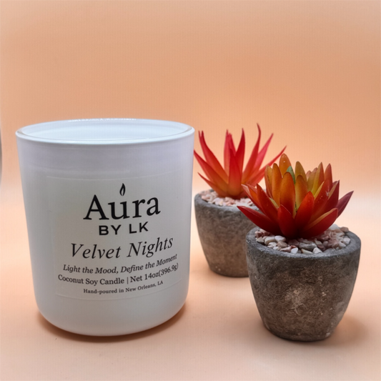 Aura by LK Velvet Nights Wood Wick candle in white jar